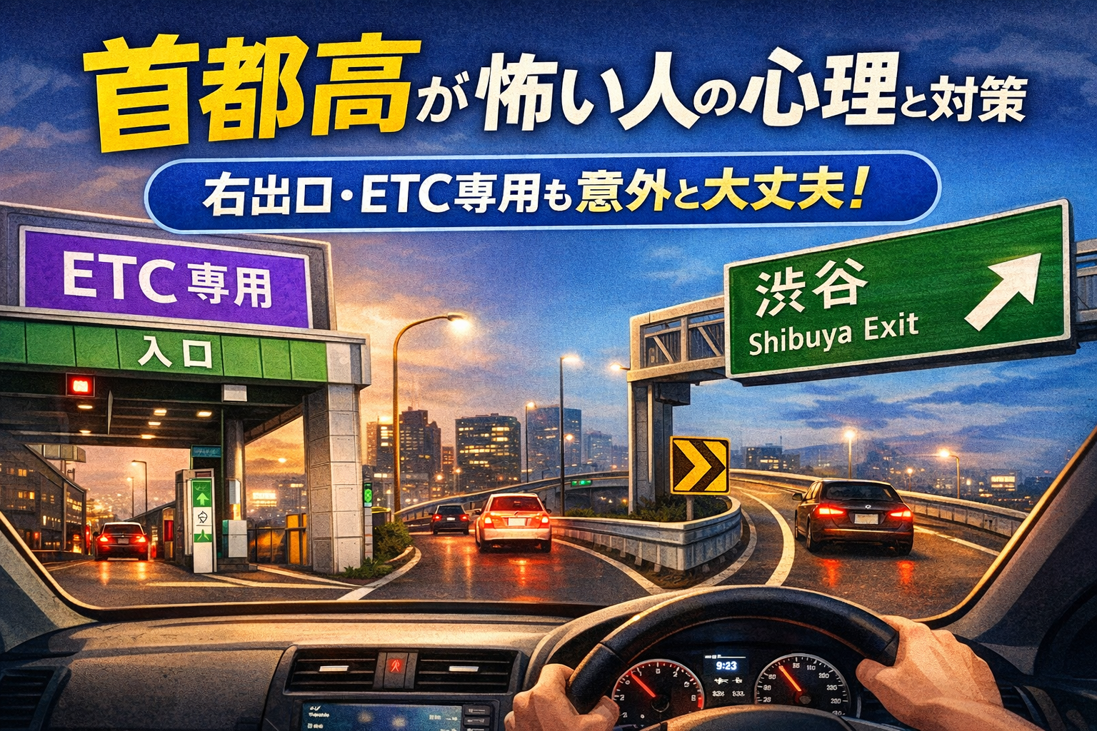 夕暮れの首都高を運転席視点で見たイラスト。左側にETC専用入口、右側に渋谷出口の標識があり、都市の夜景の中を車が走っている。首都高が怖い人向けの記事のアイキャッチ画像。