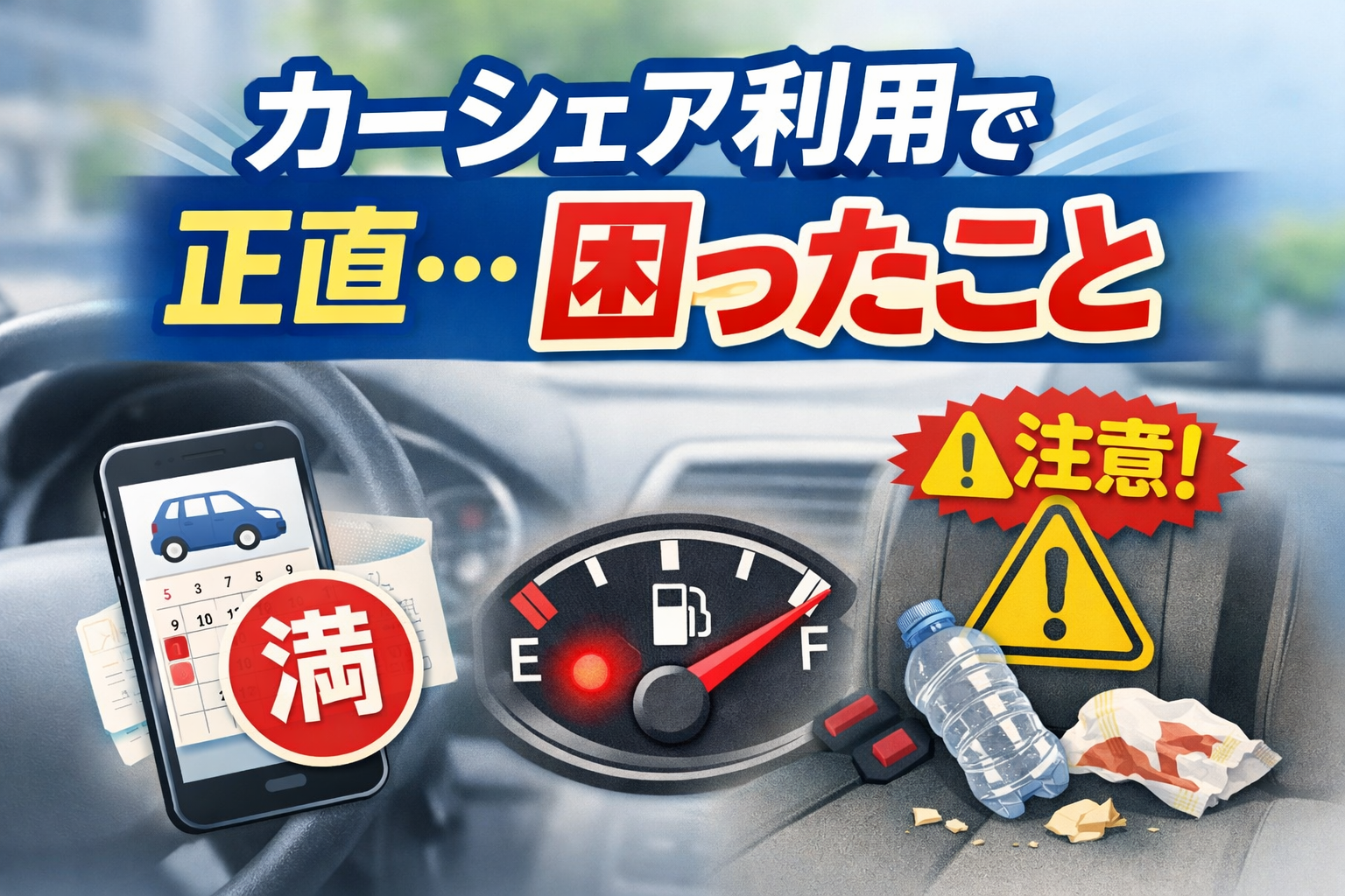カーシェア利用で起きがちな困りごとを表したアイキャッチ画像。予約が満車のスマホ画面、残量の少ないガソリンメーター、車内に残されたゴミや注意マークが描かれている。