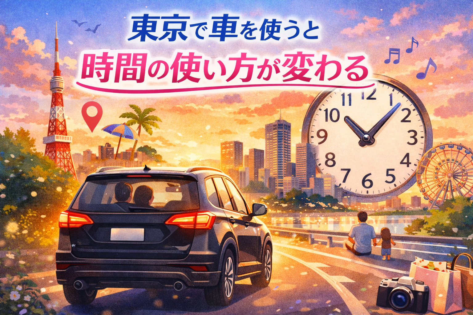 夕暮れの東京の街並みを背景に、黒いSUVが後ろ姿で走っているイラスト。東京タワーや観覧車が見え、車で移動することで時間の使い方が変わることを表現している。